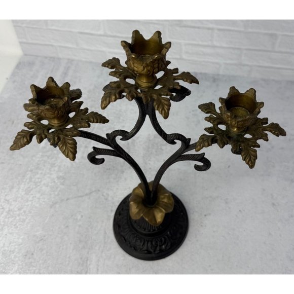 Vintage Ornate Wrought Iron and Brass 3 Arm Candelabra Candle Holder 12" tall - Picture 6 of 9